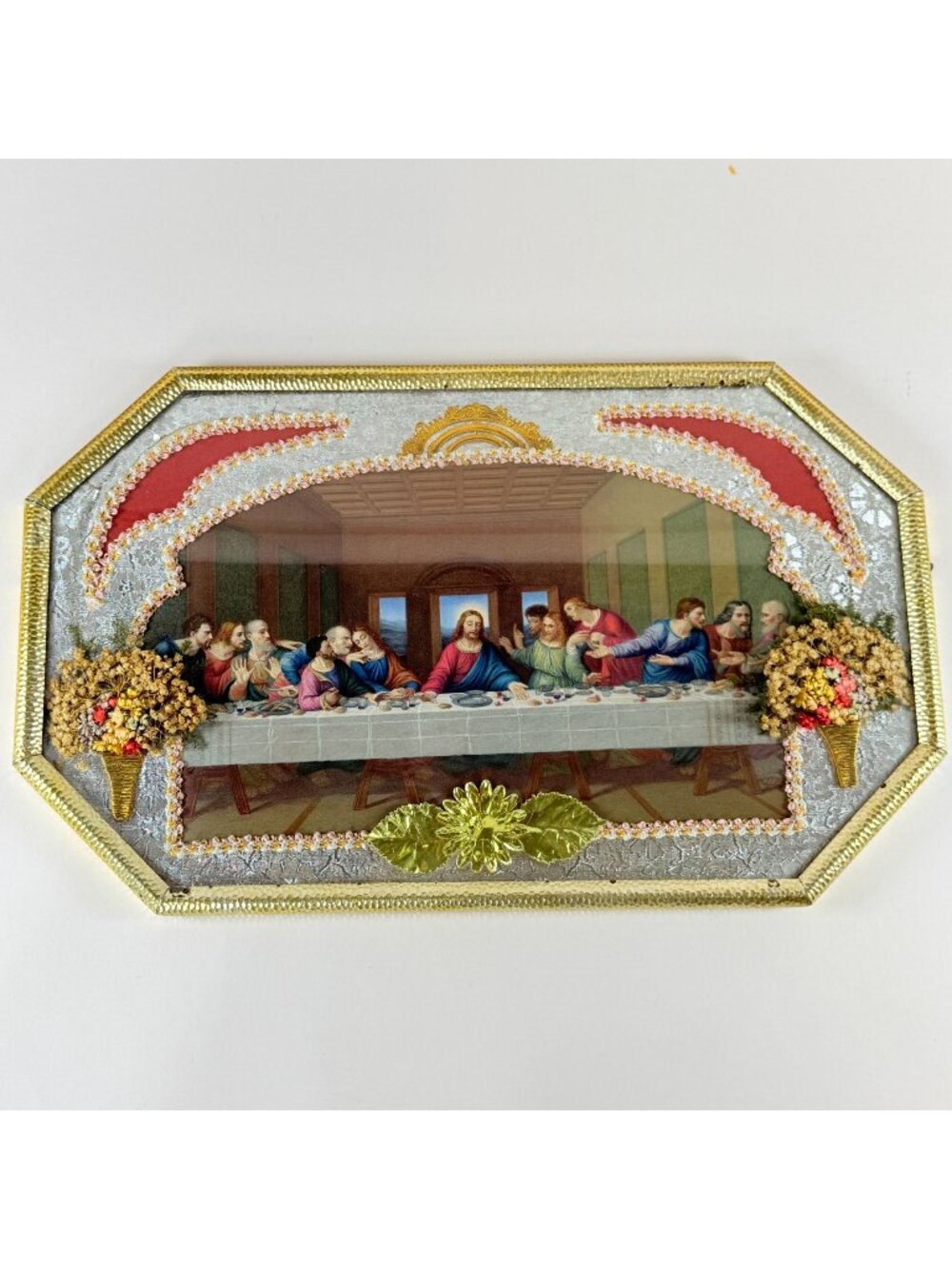 Vintage Last Supper Wall Art Dried Flowers Metal Frame Christian Religious Decor
